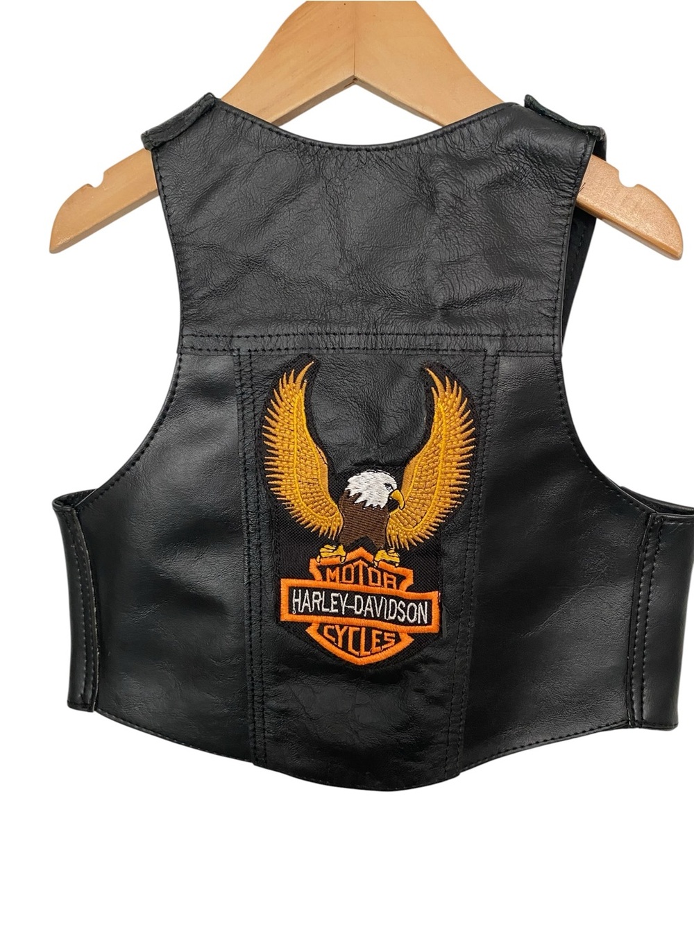 BOYS SZ 6 BLACK LEATHER VEST WITH HARLEY DAVIDSON MOTORCYCLE PATCH